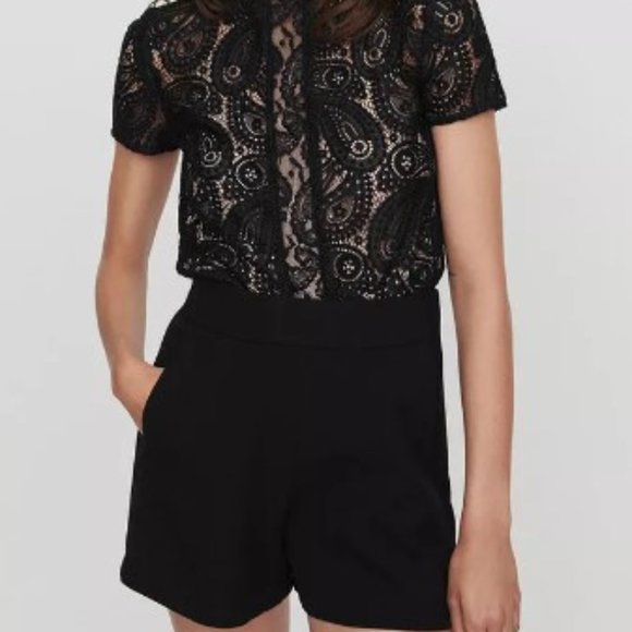 Maje ILO Guipure Lace Paisley Crepe Romper Black. Size 36 - Picture 1 of 3